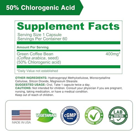 Green Coffee Bean Extract: Antioxidante Natural, Alta Potência – 1600mg Equivalente, 50%% Ácido Clorogênico, Suplemento Alimentar Vegano – 60 Cápsulas - Lovita