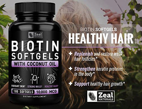 Biotina com Óleo de Coco para Cabelo 10000mcg (180 Softgels) – Vitaminas para Cabelo, Pele e Unhas – Cápsulas de Biotina para Mulheres e Homens - Zeal Naturals