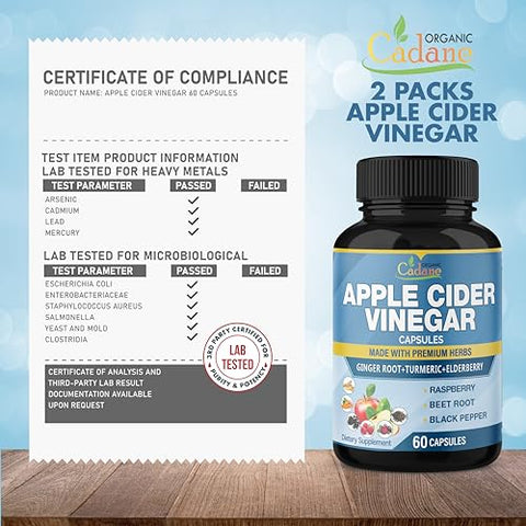 Organic Cadane - Extrato de Vinagre de Maçã Orgânico Cadane 2 Pacotes 5050mg, Cápsulas, 4 Meses de Fornecimento