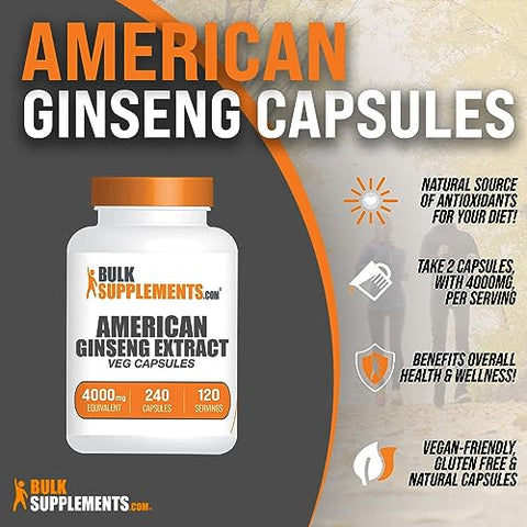 BulkSupplements - American Ginseng Capsules – Extrato de Ginseng Americano, Suplemento Herbal de Ginseng – Vegano, 2 Cápsulas por Porção (4000mg Equivalente), 240 Cápsulas Vegetais (Pacote…)
