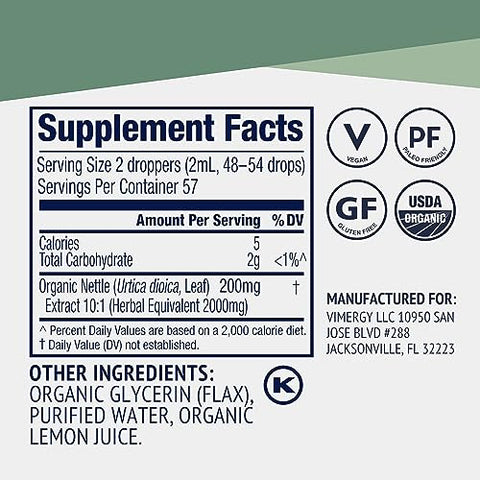 Extrato de Folha de Urtiga Orgânica, 57 Porções – Potente Extrato Líquido 10:1 – Suporta a Saúde do Sistema Imunológico – Suporta a Saúde das Articulações – Orgânico Certificado pelo USDA, Livre de Glúten, Não-OGM – 57 Porções - Vimergy