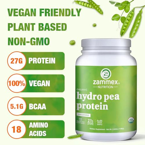 Proteína de Ervilha Orgânica em Pó, 27g de Proteínas por Porção, Vegana 100% à Base de Plantas, Ervilha Canadense em Pó, Sem Glúten, Não-OGM, Sem Aditivos, Fácil Digestão, 2.62lbs, Sabor Natural - Zammex