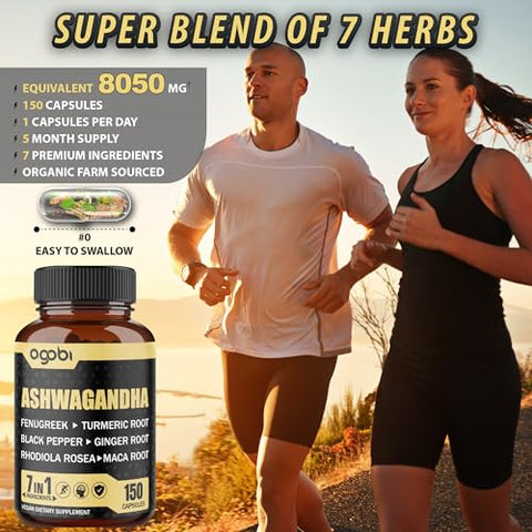 agobi - Ashwagandha Extrato Cápsulas 7 Ingredientes Naturais 8050 mg – Mistura de Fenacho, Maca, Cúrcuma, Rodiola, Gengibre