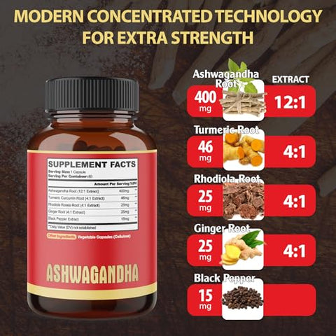 agobi - 2 Pacotes – 60 Cápsulas de Ashwagandha Concentrada – Fórmula 5 em 1 com Ashwagandha, Cúrcuma, Rhodiola Rosea, Gengibre e Pimenta Preta – Suprimento de 4 Meses