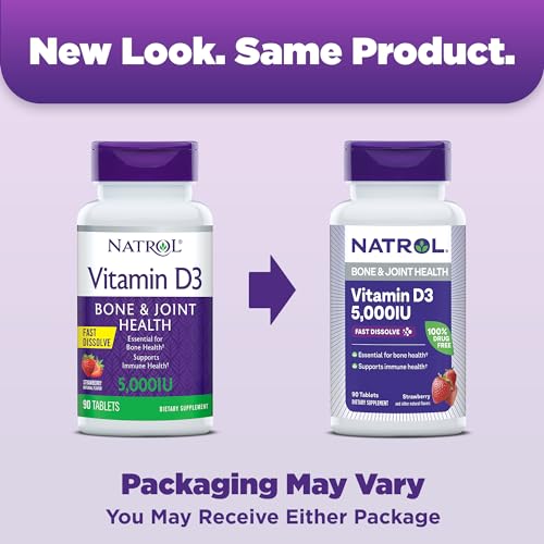 Vitamina D3 5.000 UI Dissolução Rápida, Suplemento para Saúde Óssea e Articular, Suporte Ósseo, 90 Comprimidos, Fornecimento de 90 Dias - Natrol