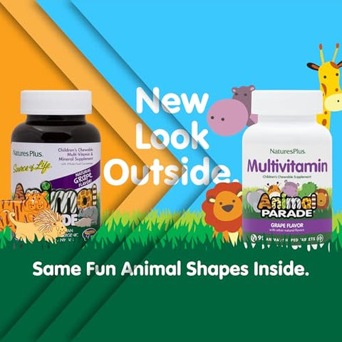 Animal Parade Multivitamínico Infantil Mastigável Sabor Uva – 90 Comprimidos em Formato de Animais – Promove Saúde - Natures Plus