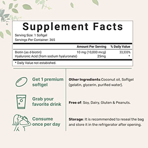 Biotina 10.000mcg c/ Ácido Hialurônico 25mg | 365 Softgels Óleo de Coco Virgem, Liberação Rápida, Suprimento de Um Ano, Suporta Cabelos e Pele Saudáveis - Micro Ingredients