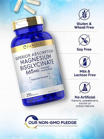 Magnésio Bisglicinato Tamponado 665 mg | 250 Cápsulas | Mineral Essencial Quelado | Suplemento Livre de Transgênicos e Glúten - Carlyle