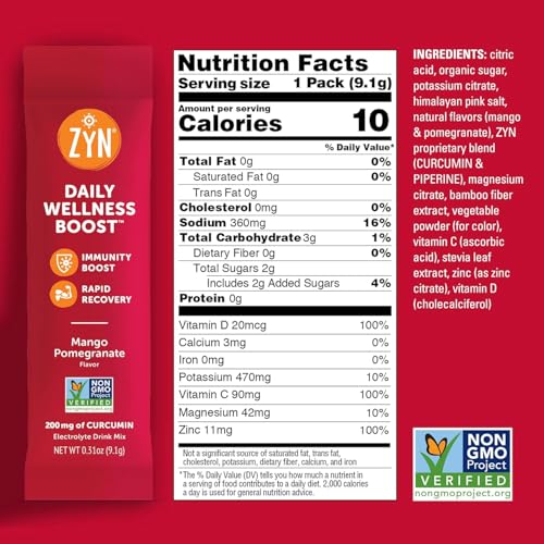 Pó de Cúrcuma, Mistura de Bebida Eletrolítica em Pacotes de Hidratação 32 Porções | Manga Romã | Pó de Eletrólitos Saudável com Cúrcuma, Vitamina C, Zinco - ZYN