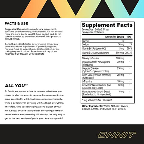 ONNIT - Onnit Alpha BRAIN Energy Shot – Bebida Energética para Foco, Energia, Humor e Redução do Estresse – Sabor Tropical (75 ml, 6 un)