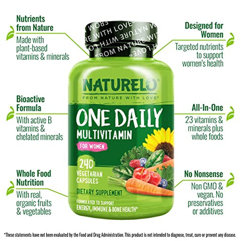 Multivitamínico Diário para Mulheres – Suporte Energético – Suplemento Alimentar à Base de Alimentos Integrais para Nutrir Cabelos, Pele, Unhas – Não-OGM – Sem Soja – Sem Glúten – 240 Cápsulas | Fornecimento de 8 Meses - NATURELO