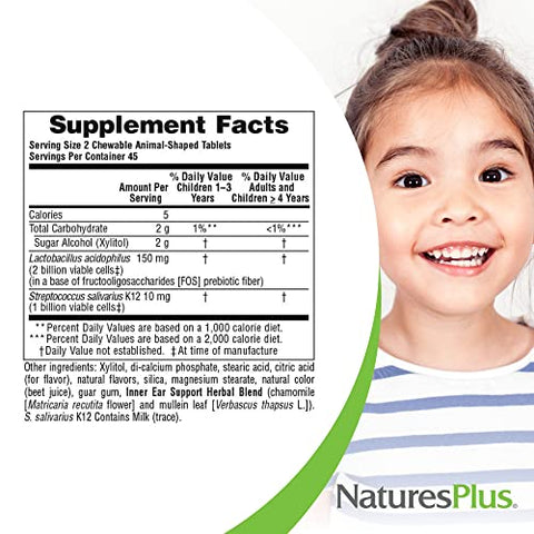 Animal Parade Suporte para Ouvido Interno Infantil – Mastigável de Cereja Natural – 90 Comprimidos em Formato de Animais – Probiótico – Sem Glúten – 45 Porções - Natures Plus