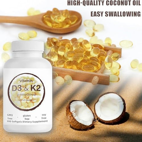 Generic - Suplemento Softgel de Vitamina D3 K2 com 10000 UI VIT D3 200 MCG Vitamina K2, Livre de GMO, Glúten, Soja, 2 em 1 Vitamina D3 e K2 (300 Unidades/Bottle)