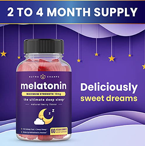 NutraChamps - (2-Pack) Gomas de Melatonina para Adultos | Suplemento de Sono Extra Forte | Dose de 5mg ou 10mg | Sabor Natural de Morango Vegano | Melhora o Sono e Ciclos Saudáveis