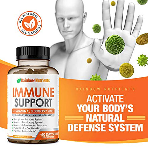 LLC,Rainbow Nutrients - Suplemento de Suporte Imunológico 10 em 1 (Sem Preenchedores) | Vitamina C, Zinco, Sabugueiro, Equinácea, Cúrcuma, Probióticos | Impulsionador da Imunidade para Defesa Imune Multissistêmica, Respiratória