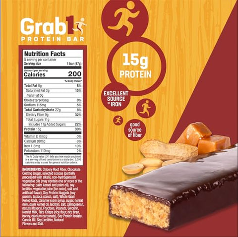 GRAB1 - Grab1 Barras de Proteína com Alto Teor de Fibras | 9g de Fibras | 10g de Proteína | Sabor Amendoim Caramelo (2 Pacotes – 10 Barras) Controla a Fome | Sabor Delicioso | Menor Teor de Carboidratos Líquidos