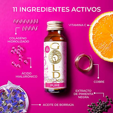Pure | O Original #1 Suplemento Anti Envelhecimento de Colágeno Líquido | Bebida de Colágeno Marinho Hidrolisado com Ácido Hialurônico, Óleo de Borragem, Vitaminas | 100% Natural e Eficaz - GOLD COLLAGEN