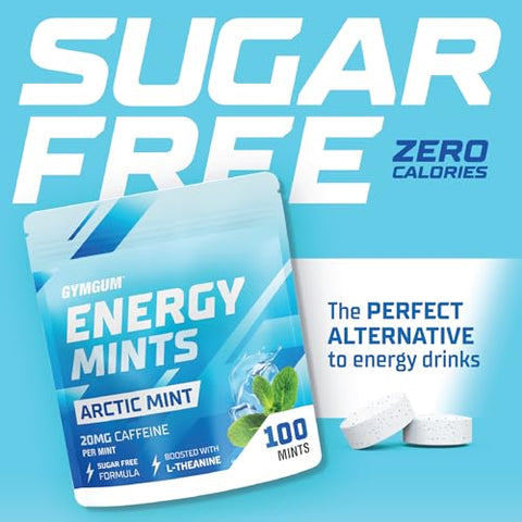 GYMGUM - Energy Caffeine Mints | Menta Energética com Cafeína, L-teanina e Vitaminas do Complexo B | Menta Cafeinada com 60mg de Cafeína por Porção | Deliciosas Mentas Energéticas Sem Açúcar | (Menta Ártica, 100 Unidades)