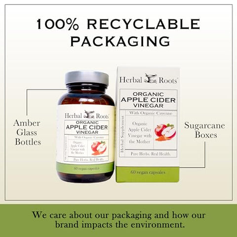 Herbal Roots - Cápsulas Veganas de Vinagre de Maçã Orgânico Herbal Roots com Mãe e Pimenta Caiena Orgânica | 650 mg | 60 Cápsulas | Marca