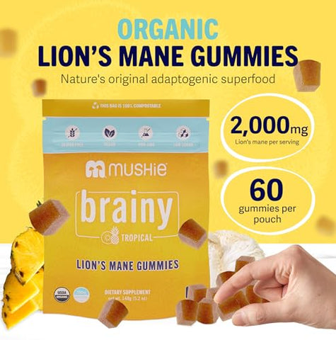 mushie - Mushie Gummies Orgânicos de Lion’s Mane – 60 Gummies, 2000mg de Cogumelos Lion’s Mane – Suporte para Cérebro, Cognição, Estresse, Memória e Imunidade com Vitamina D – Vegano, Sem Glúten