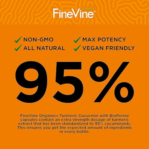 FineVine Organics - Cúrcuma Curcumina com BioPerine Pimenta Preta e Gengibre – Fabricado nos EUA – 240 Cápsulas Vegetarianas para Absorção Avançada, Suporte às Articulações