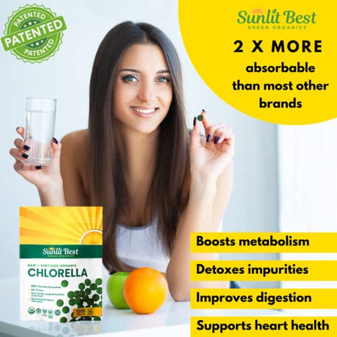 Sunlit Best Green Organics - Sunlit – Melhores Comprimidos de Chlorella Orgânica USDA Premium 1000 Unidades | Suplemento Superfood 100% Puro Rico em Proteínas, Clorofila, Vitaminas