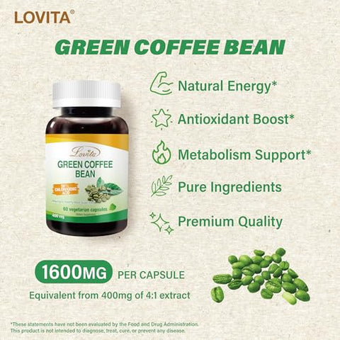 Green Coffee Bean Extract: Antioxidante Natural, Alta Potência – 1600mg Equivalente, 50%% Ácido Clorogênico, Suplemento Alimentar Vegano – 60 Cápsulas - Lovita