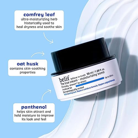 belif - Belif The True Cream Moisturizing Bomb com Casca de Carvalho e Vitamina B | Hidratante | Ideal para Pele Seca, Ressecamento, Opacidade e Textura Irregular | Para Tipos de Pele Normal e Seca | 50g