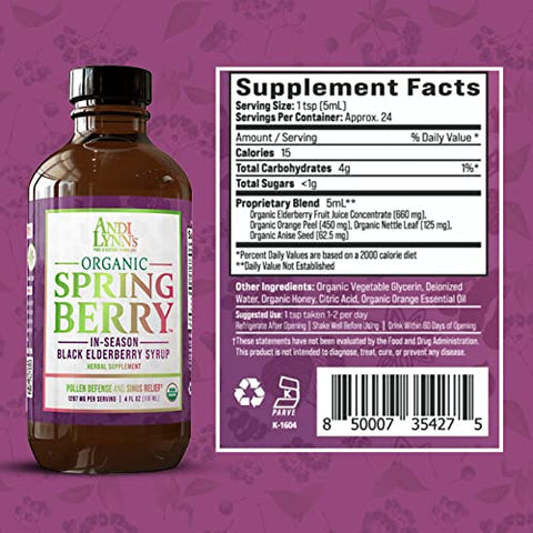 Andi Lynn's Pure & Custom Formulary - Andi Lynn’s SpringBerry: Xarope Orgânico de Sabugueiro Negro, Defesa contra Pólen