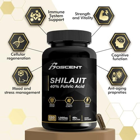 BOSCENT - Cápsulas de Shilajit Puro do Himalaia 1000mg com 40%% de Ácido Fúlvico, 58 Minerais Traços, Energia Aumentada e Suporte Imunológico para Homens