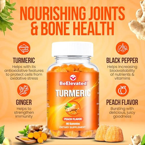 BeElevated - Gomas de Cúrcuma para Adultos – Extrato 8:1 2000mg – Pimenta Preta e Gengibre para Suporte Articular – Vitaminas Vegetarianas Mastigáveis – Sabor Pêssego