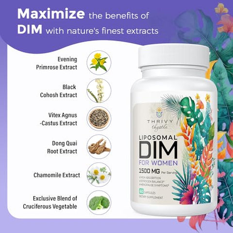 ThrivyThystle - Liposomal DIM 400 mg – Vitamina E e Prímula – Complexo DIM para Mulheres Vegetarianas (1 Pacote)