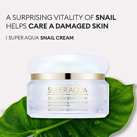 Super Aqua Cell Renew Snail Cream 52ml – Fórmula anti-envelhecimento e iluminadora com 65% de extrato de muco de caracol, solução premium para pele danificada - MISSHA