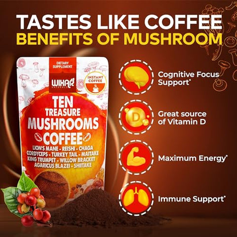 WIXAR NATURALS - Café de Cogumelo Wixar – Pó Instantâneo de Café com Extrato de Dez Tesouros de Cogumelos com Leão da Montanha, Cauda de Peru, Reishi, Chaga, Shiitake, Maitake, Cordyceps – 140g