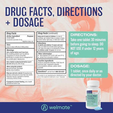Doxylamine Succinate 25mg | Auxiliar de sono noturno | Seguro | Comprimidos de 25mg - WELMATE
