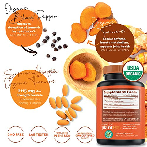 PLANTFUL RESEARCH - Suplemento Orgânico de Cúrcuma com Pimenta Preta – Potência Máxima Certificado USDA [Curcumina Orgânica Não-OGM 2115mg] Antioxidante para Articulações
