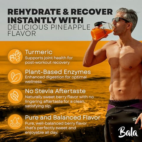 Hydration: Mistura em Pó de Bebida de Cúrcuma | Sem Açúcar, Repositor de Eletrólitos, Recuperação Muscular, Suporte Imunológico, Alívio Articular | Enzimas à Base de Plantas, Bromelina – Variedade (12 Pacotes) - BALA