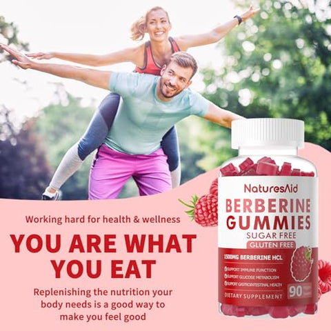 Natures Aid - Berberine Gummies com Canela do Ceilão 1500mg Alta Potência Suplemento de Berberina HCL para Suporte Imunológico e Metabolismo, Gummies de Berberina Orgânicos Sem Açúcar Sabor Framboesa