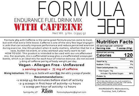 Generic - Fórmula 369 com CAFEÍNA: Bebida Energética de Resistência, Mistura em Pó de 1,36 kg com 45 porções, 30g de carboidratos e 75mg de cafeína por porção, mistura de alto teor de carboidratos com proporção 1:1 de glicose para