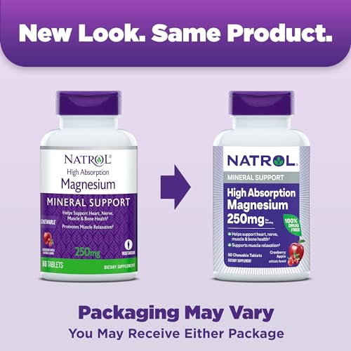 Magnésio de Alta Absorção 250 mg, Suplemento para Apoiar a Saúde do Coração, Nervos, Músculos e Ossos, 60 Comprimidos Mastigáveis com Sabor de Cranberry Apple, Fornecimento de 30 Dias - Natrol