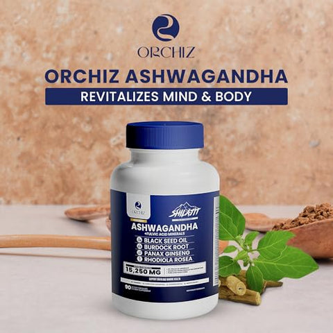 Orchiz - Certified Organic Ashwagandha com Shilajit, Óleo de Semente Preta, Raiz de Bardana, Ginseng Panax, Rhodiala Rosea, Ginkgo Biloba, Cúrcuma, Teste de Laboratório – 15250mg, 90 Cápsulas