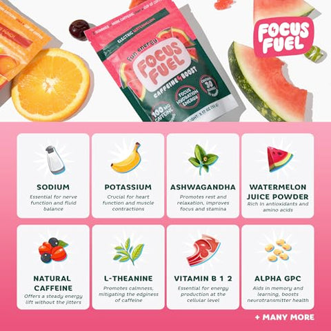 FocusFuel - Gomas Energéticas Focus – 100mg de Cafeína por 2 Gomas, com B12, Magnésio, Eletrólitos, Ingredientes Naturais (Sabor Limonada de Morango – 30 Gomas, 90g)