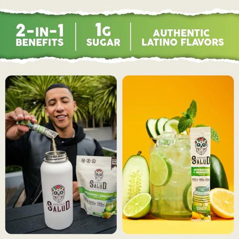 Taste Salud - Salud Pacotes de Hidratação 2 em 1, Pó de Eletrólitos para Imunidade, Sabor Pepino Limão – Mistura para Bebida Agua Fresca, Sabugueiro, Sem Lactose