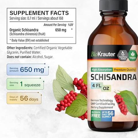 BIO KRAUTER - Schisandra Berry Drops – Extrato Natural de Schisandra para Suporte de Humor – Livre de Álcool – Extrato de Schisandra Chinensis Sem Açúcar – Tintura Vegana de Schisandra 118 ml