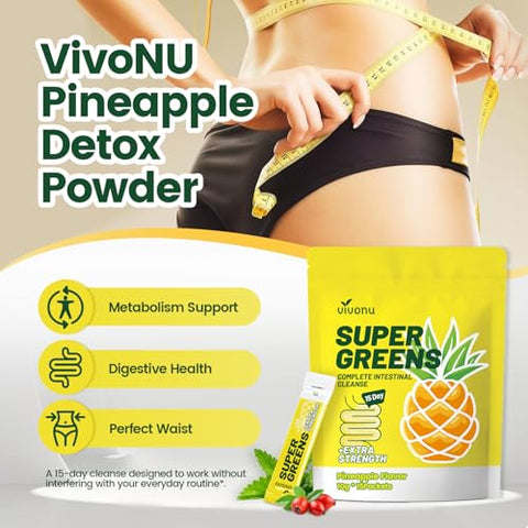 VivoNu - Natura – Pó Detox de Abacaxi para Limpeza do Cólon – Suporte Digestivo – Adoçante Natural – Sabores – Fibra Diária para Eliminação de Toxinas e Redução de Inchaço (15 Porções/1 Pacote)