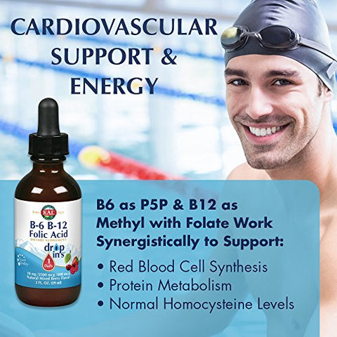 Vitamin B-6 B-12 Folic Acid DropIns – Suplemento Líquido de Vitamina B em Gotas, Saúde Cardíaca, Energia, Suporte às Células Vermelhas do Sangue com Methyl B12 e Methyl Folate, Sabor Natural de Frutas Vermelhas - KAL