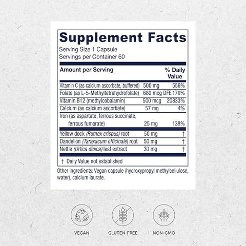 Iron Extra: Suplemento de Ferro com Absorção Aprimorada, Vitamina C 500mg, Metilfolato 400mcg, Vitamina B12 500mcg, Cálcio, Erva-dos-docks, Raiz de Dente-de-leão - Vitanica