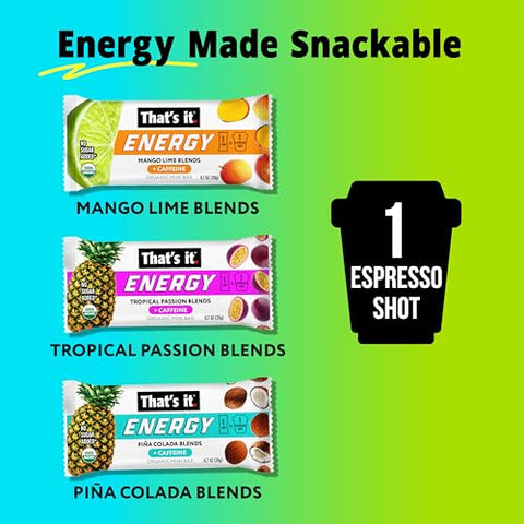 That's it. - Barra de Energia That’s it. Fruit Blends – Pack com 18 unidades (6 de Tropical Passion, 6 de Mango Lime, 6 de Pina Colada) – 100% Natural e Delicioso!