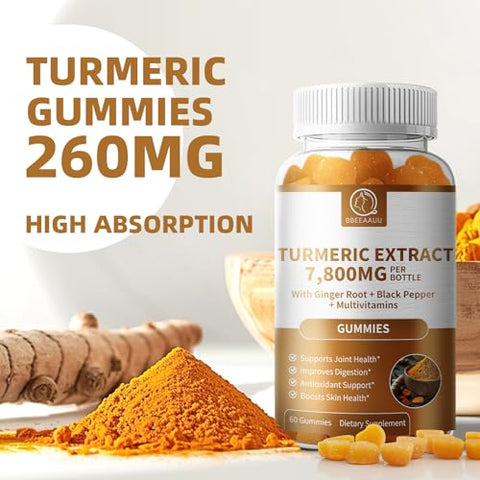 BBEEAAUU - (2 Pacotes) Gomas de Cúrcuma para Adultos, Cúrcuma Curcumina com Pimenta Preta, Suplemento de Cúrcuma Apoia as Articulações