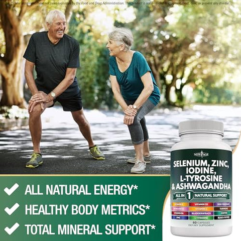 NEW AGE - Selenium 300mcg Zinc 50mg Iodine 500mcg L Tyrosine 500mg Ashwagandha 6000mg – Suporte para Tireoide com Bladderwrack, Cúrcuma, Sílica Kelp, Schisandra – Marca: [Nome da Marca]